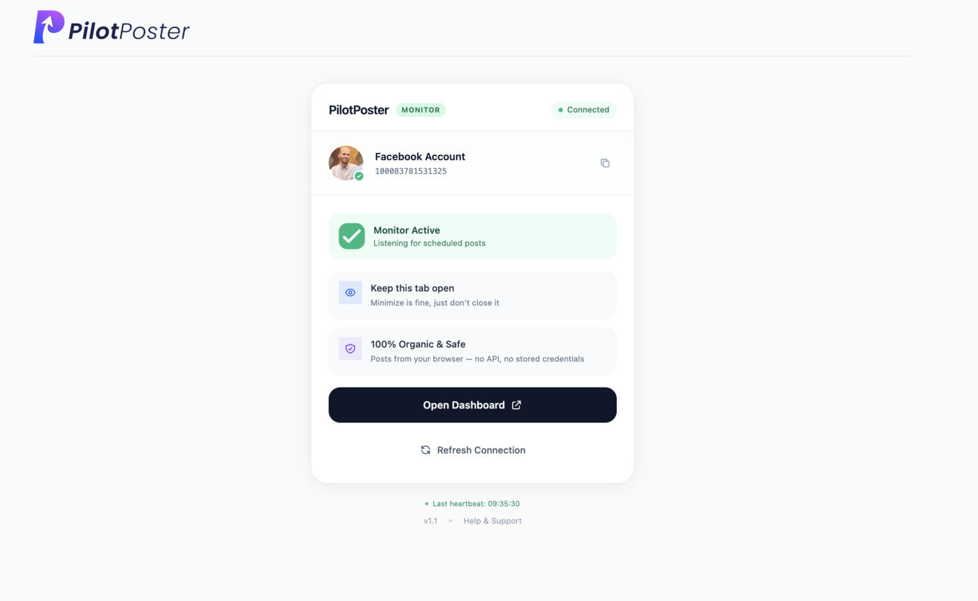 PilotPoster Chrome extension installed and connected to Facebook account, ready to post