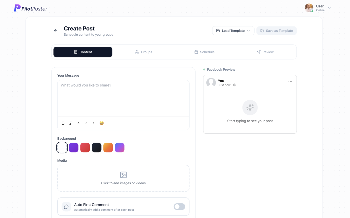 PilotPoster campaign creation page showing post text editor, image upload, and group selection