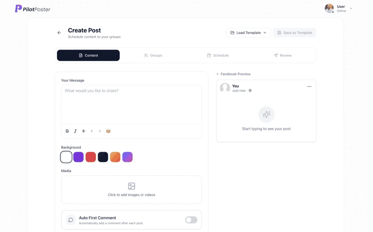 PilotPoster campaign creation page showing post text editor, image upload, and group selection