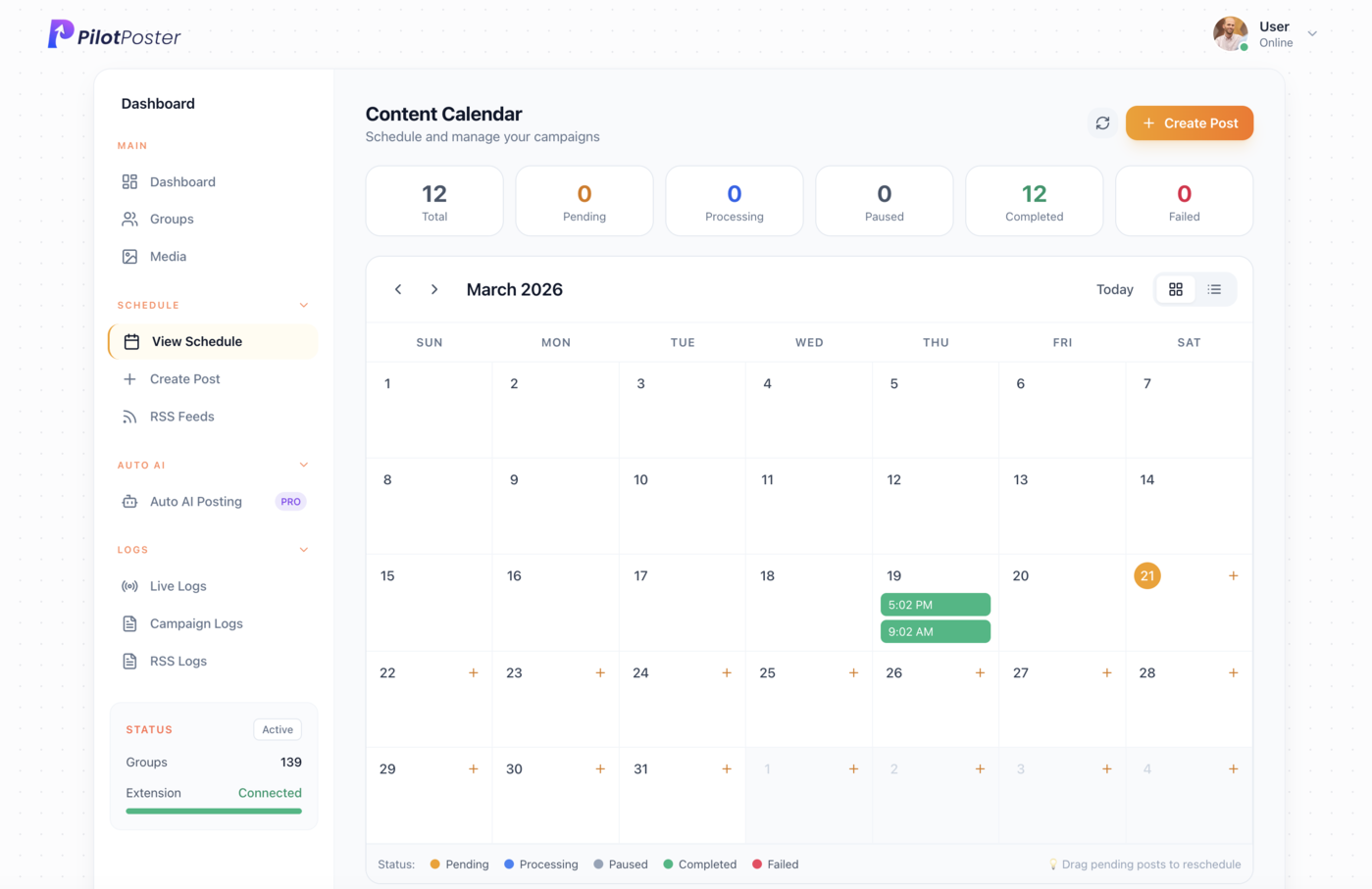 PilotPoster dashboard showing campaign list with repeat campaign settings and scheduling options