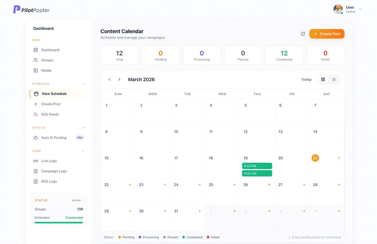 PilotPoster dashboard showing campaign list with repeat campaign settings and scheduling options