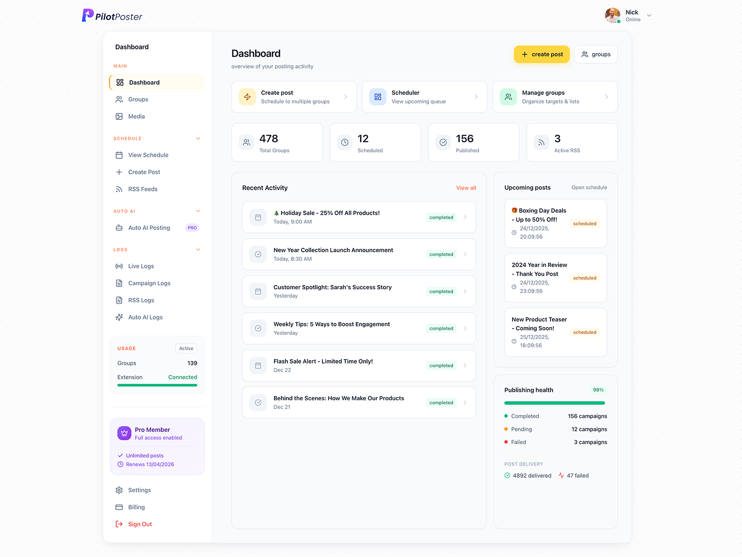 PilotPoster dashboard showing a scheduled campaign posting to multiple joined Facebook groups with per-group content variation