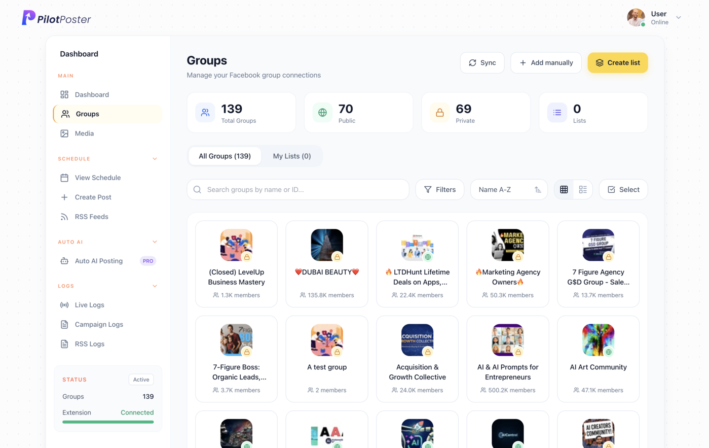 PilotPoster groups list showing all Facebook groups automatically synced from your account including joined and admin groups
