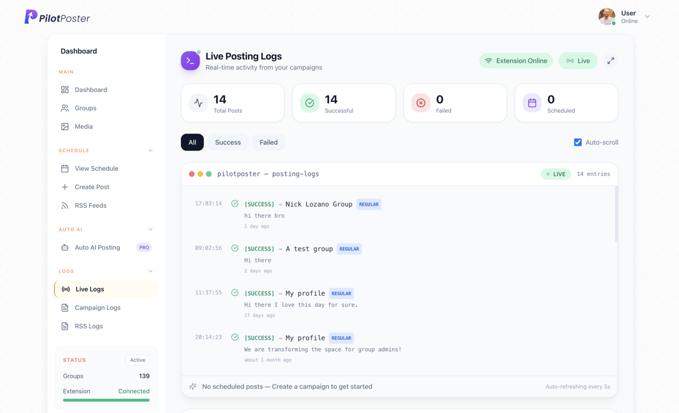 PilotPoster real-time posting log showing campaign progress, successful posts with links, and any failures