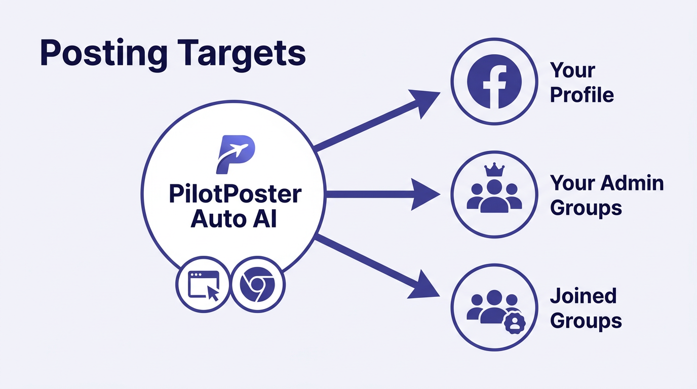 PilotPoster Auto AI posting targets: your Facebook profile, your admin groups, and joined Facebook groups