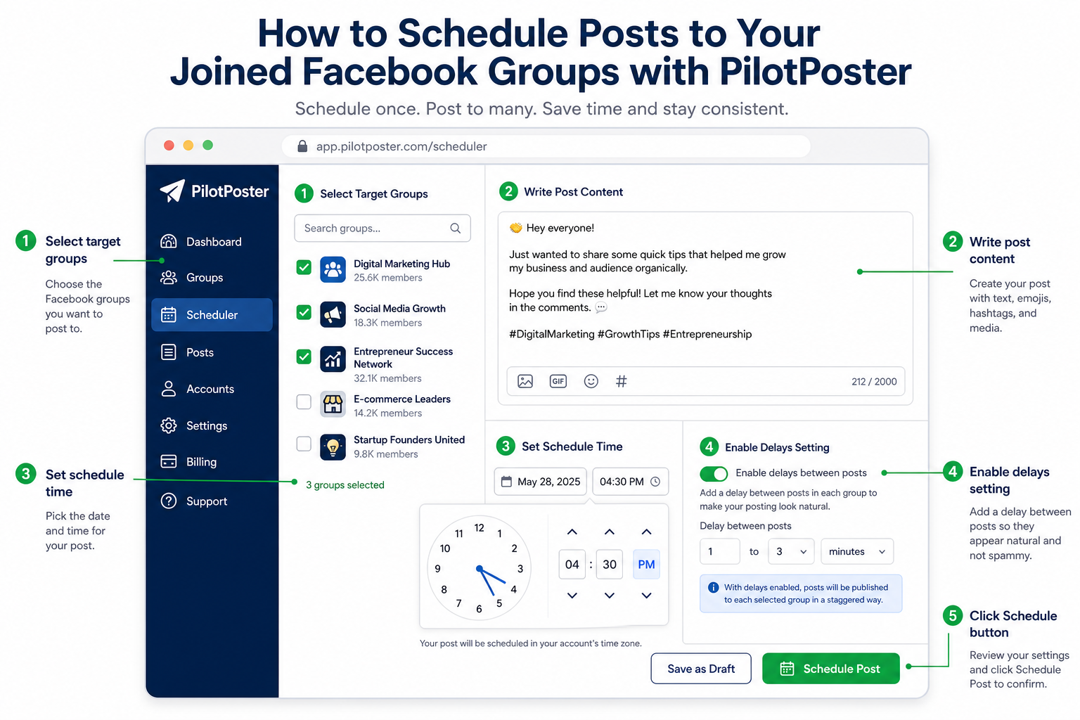 PilotPoster scheduler interface walkthrough showing group selection, post content, schedule time, delays, and submit button