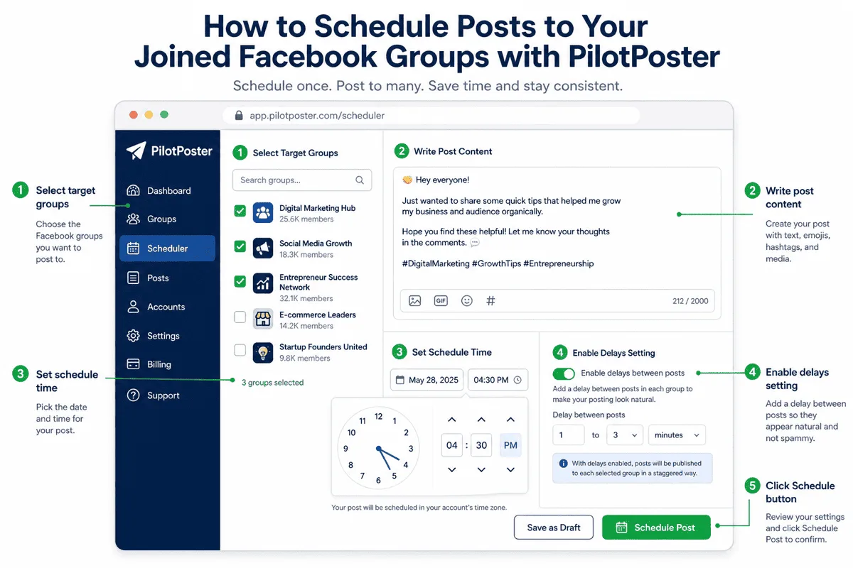 PilotPoster scheduler interface walkthrough showing group selection, post content, schedule time, delays, and submit button