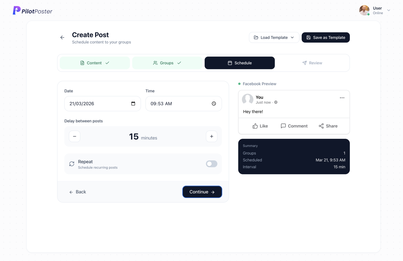 PilotPoster campaign scheduling interface showing post now option and date-time picker for scheduled posting