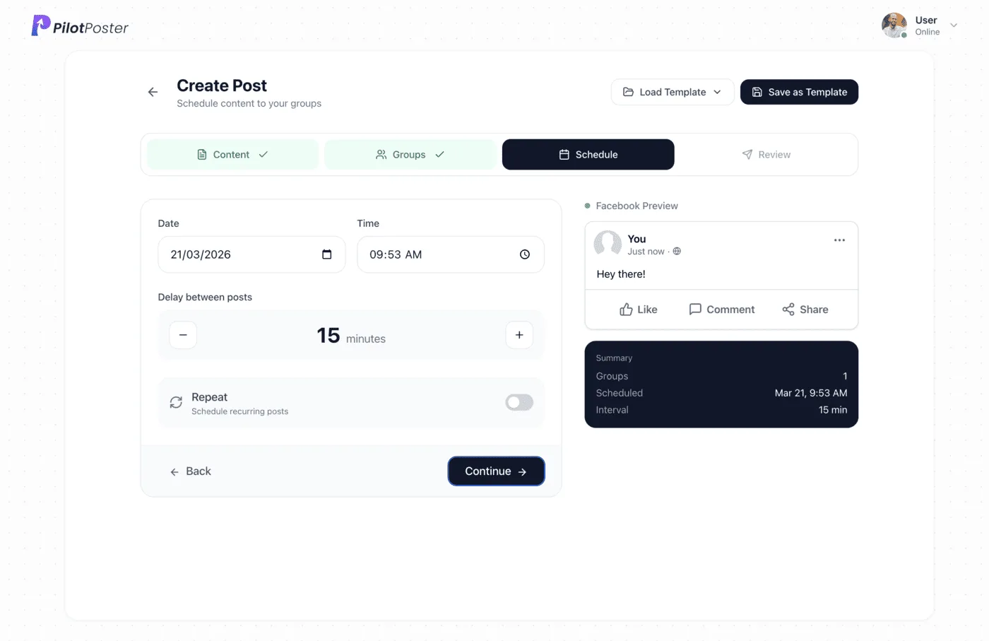 PilotPoster campaign scheduling interface showing post now option and date-time picker for scheduled posting