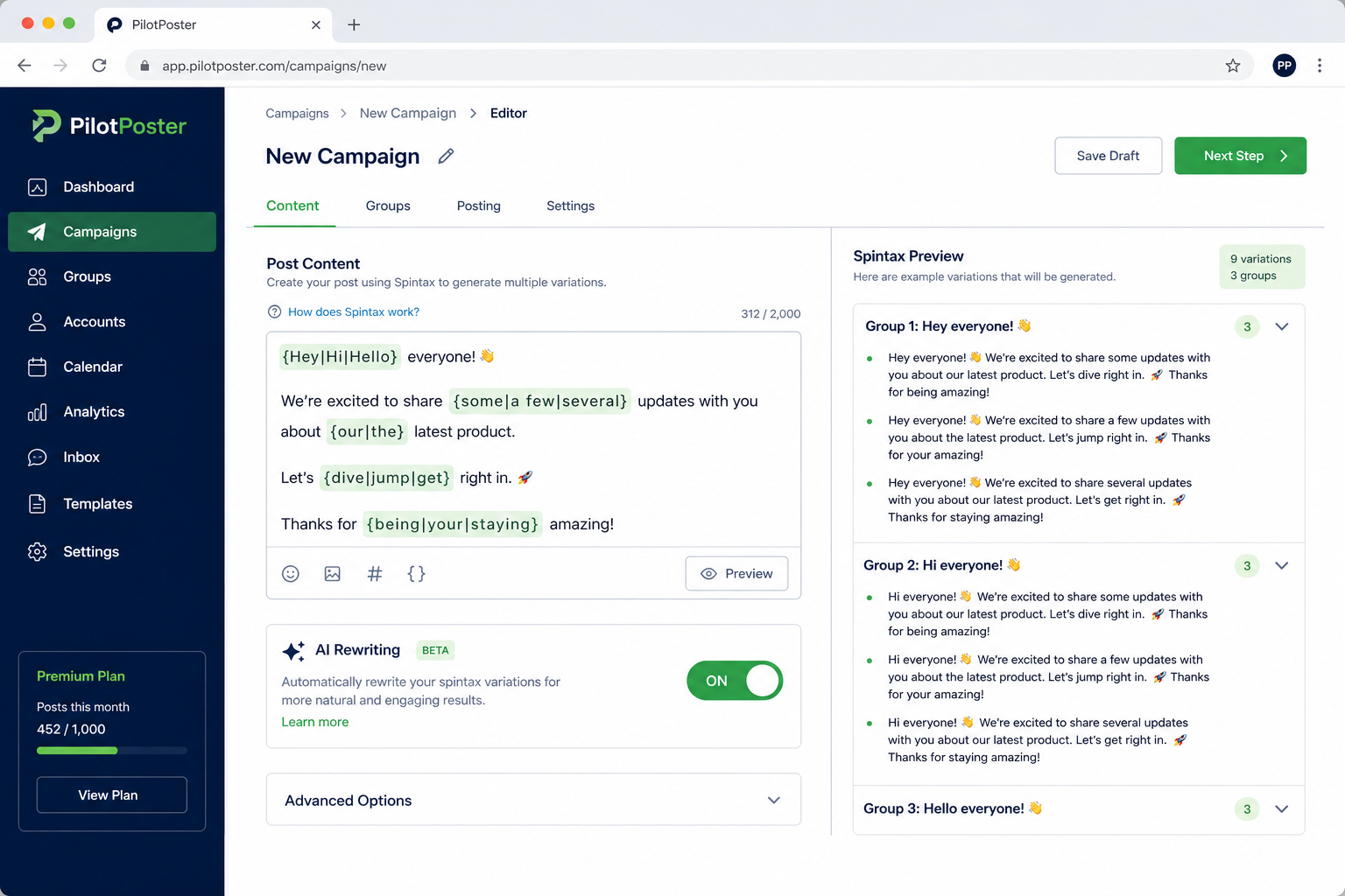 PilotPoster campaign editor showing Spintax template in the post field with AI rewriting toggle enabled and per-group preview pane
