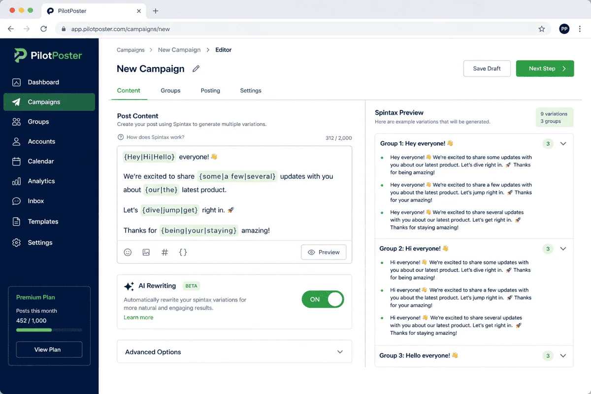 PilotPoster campaign editor showing Spintax template in the post field with AI rewriting toggle enabled and per-group preview pane