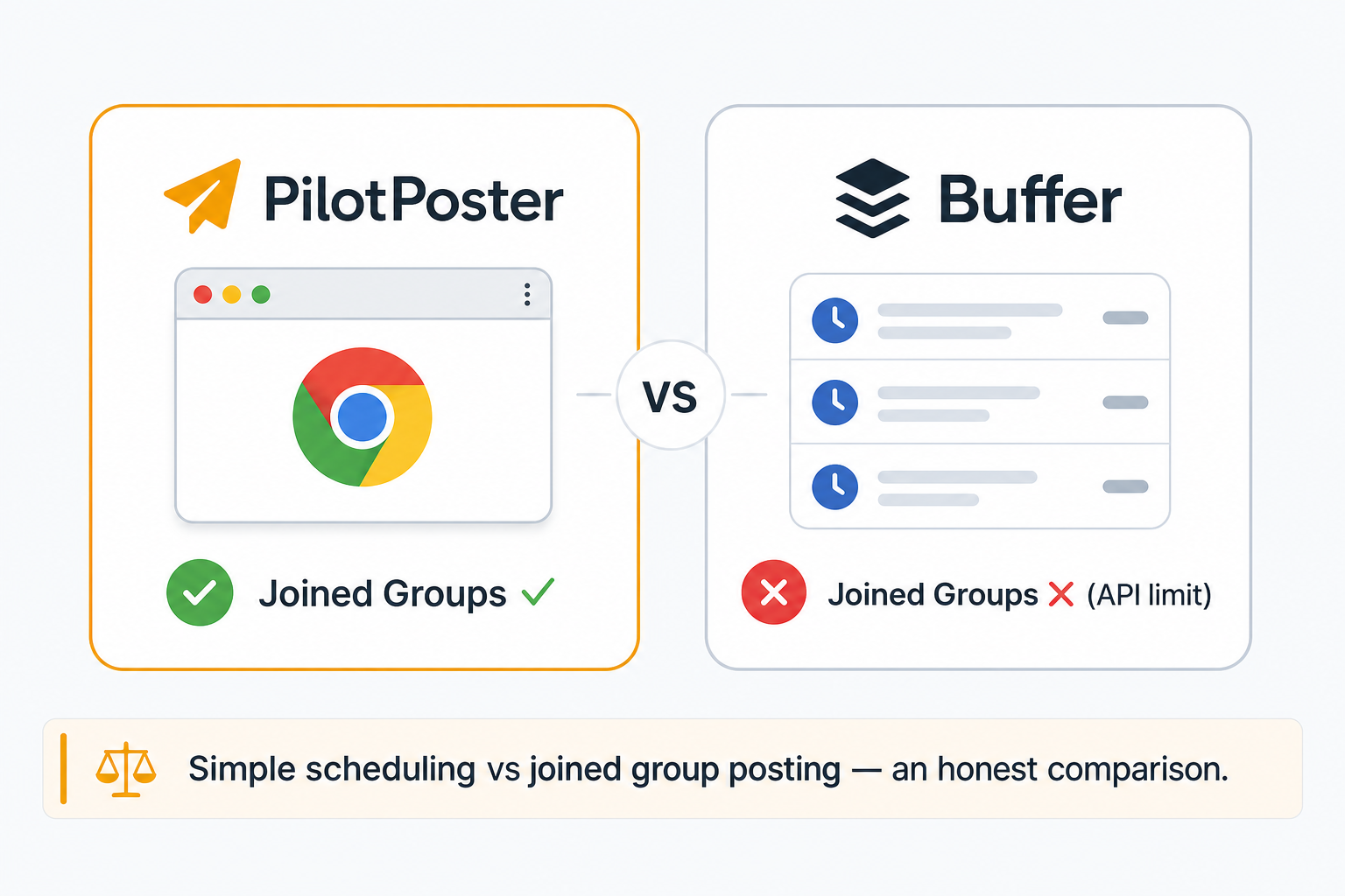 PilotPoster vs Buffer comparison showing joined Facebook group posting capability