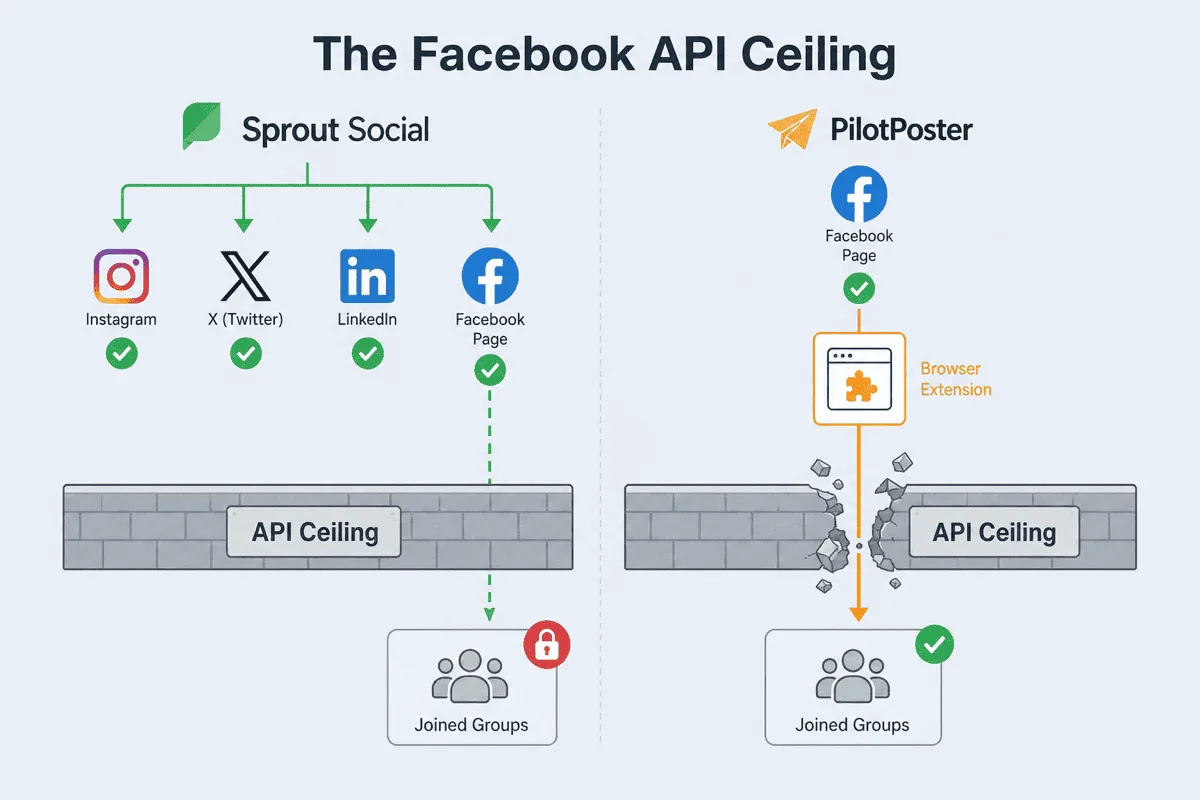 Diagram showing Sprout Social's wide multi-platform reach hitting a Facebook API ceiling that blocks joined groups, while PilotPoster's browser extension breaks through that ceiling to reach joined groups