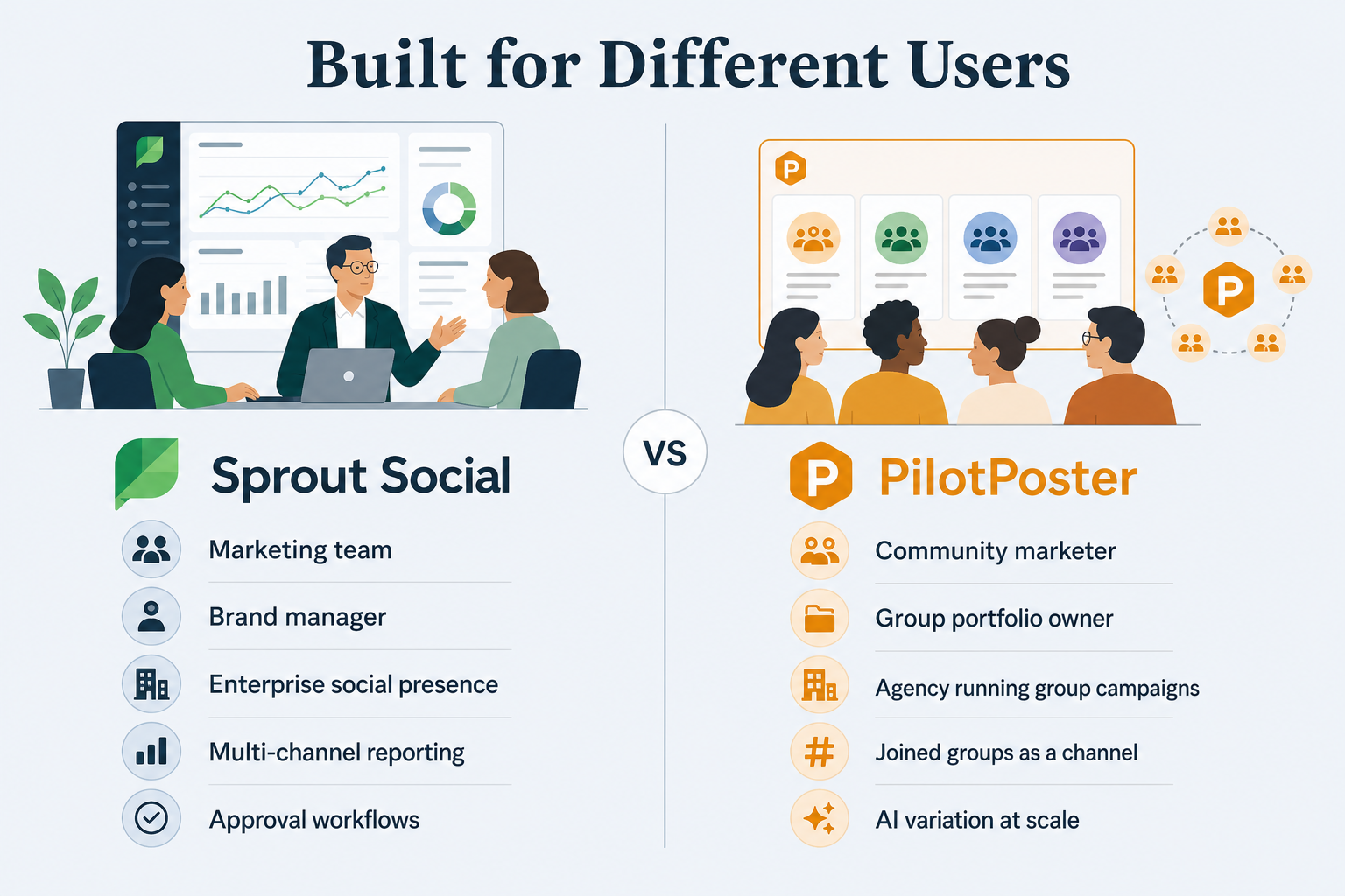 Persona fit diagram: Sprout Social is built for marketing teams with enterprise social presence; PilotPoster is built for community marketers and agencies running joined Facebook group campaigns