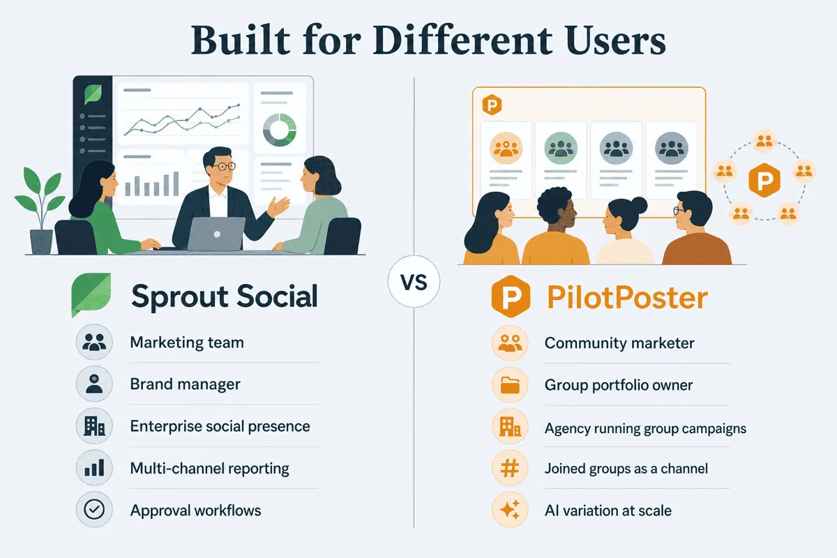 Persona fit diagram: Sprout Social is built for marketing teams with enterprise social presence; PilotPoster is built for community marketers and agencies running joined Facebook group campaigns