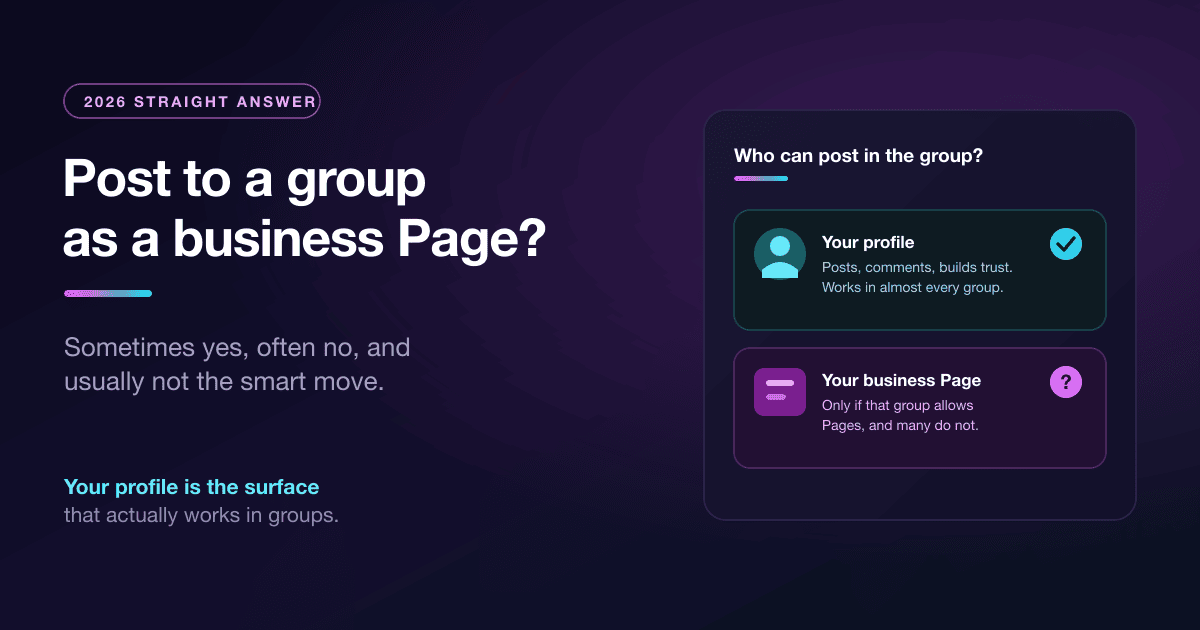 Concept graphic answering whether a business Page can post in a Facebook group, showing a profile that works and a Page marked conditional