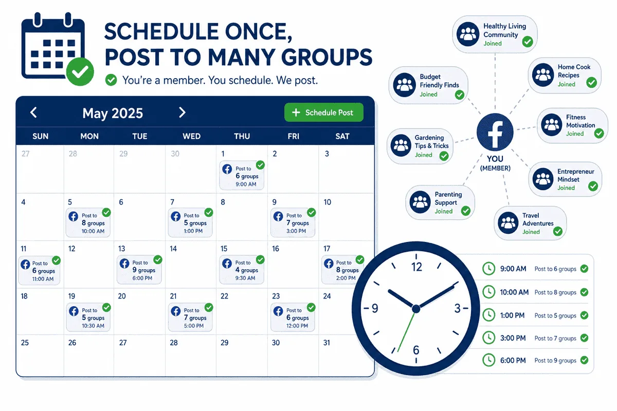 Calendar showing scheduled posts distributed across multiple joined Facebook groups at different time slots