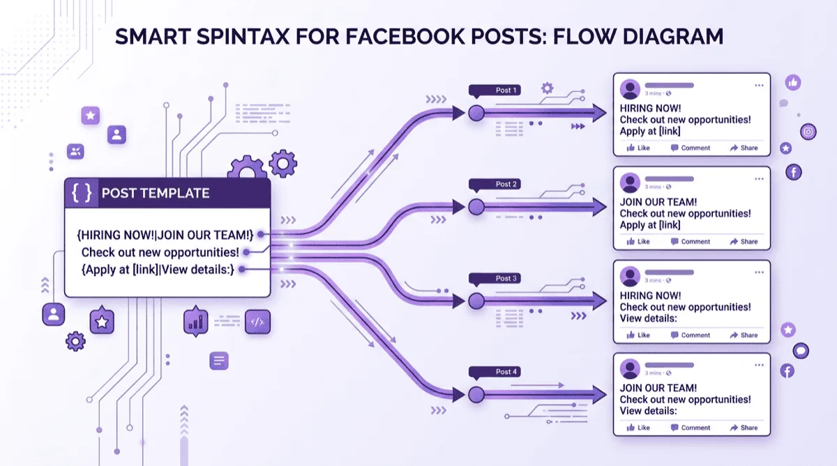 Smart Spintax creates multiple unique post variations from a single template for Facebook group posting