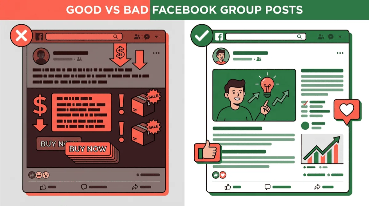 Side-by-side comparison of a spammy Facebook group post versus a value-driven post that generates real engagement