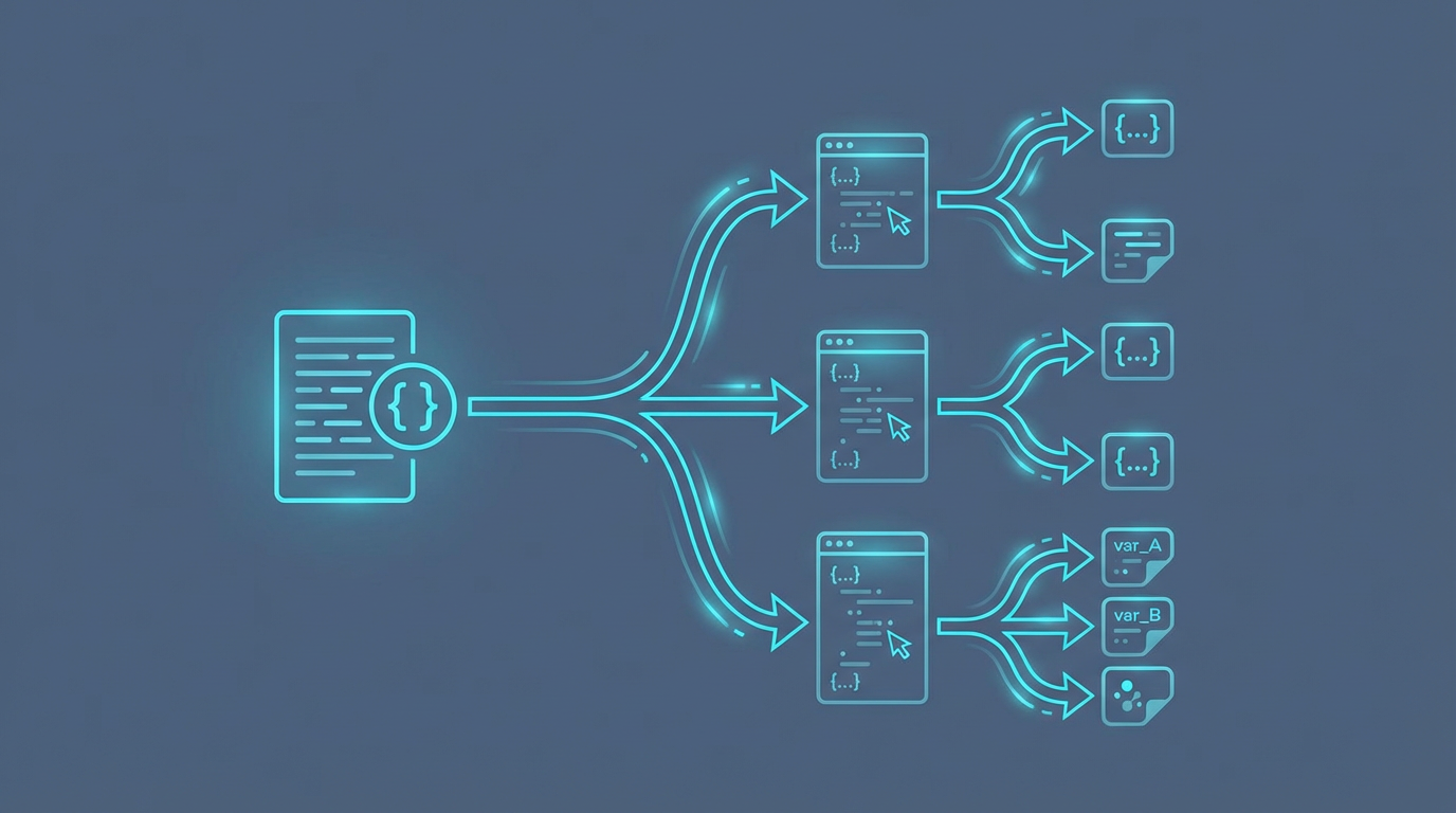 Diagram showing how Spintax syntax branches one text template into multiple unique post variations for Facebook groups