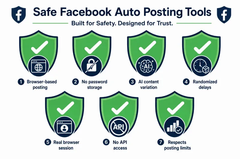 Facebook group posting limits handled by built-in account protection: organic posting, content variation, randomized delays and posting limits