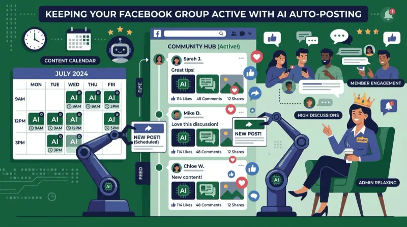 Facebook group admin using AI auto posting to keep group active with consistent daily content