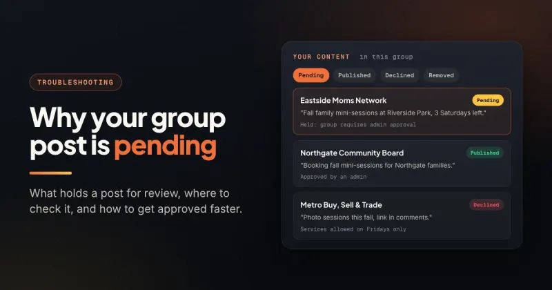 Group content panel with Pending, Published and Declined tabs and one post held for admin approval