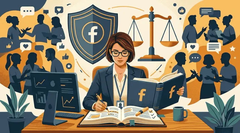 Facebook group admin reviewing community rulebook with shield and balance scale representing fair group moderation