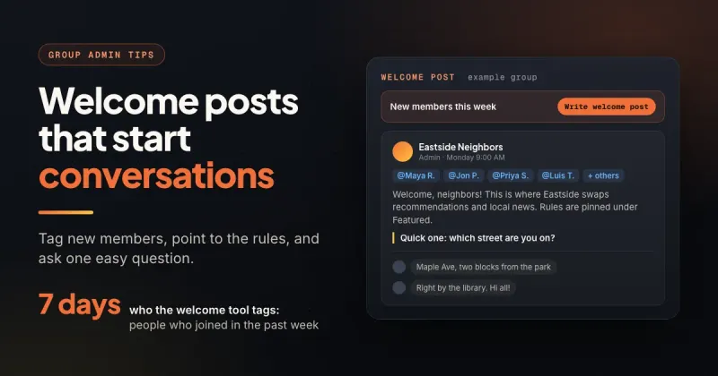 Mock Facebook group welcome post tagging new members, with a rules pointer, an easy first question, and member replies