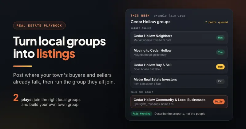 Agent dashboard with posts scheduled to local community, relocation, buy/sell and investor Facebook groups plus the agent's own town group