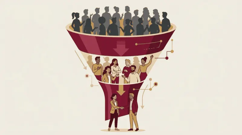 Funnel showing Facebook group members converting into warm leads and then into actual paying clients