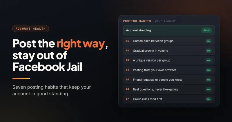 Account health panel listing seven Facebook group posting habits, each marked on, with the account in good standing