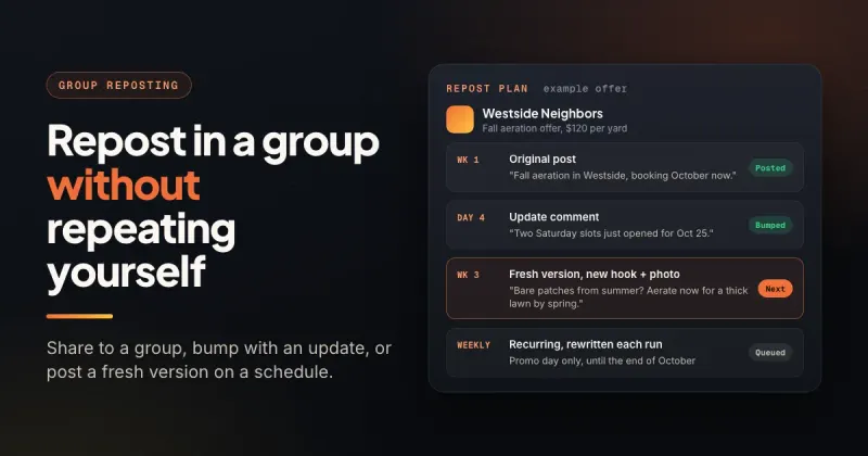 Mock repost plan for one Facebook group showing an original post, an update comment, a rewritten version, and a weekly repeat