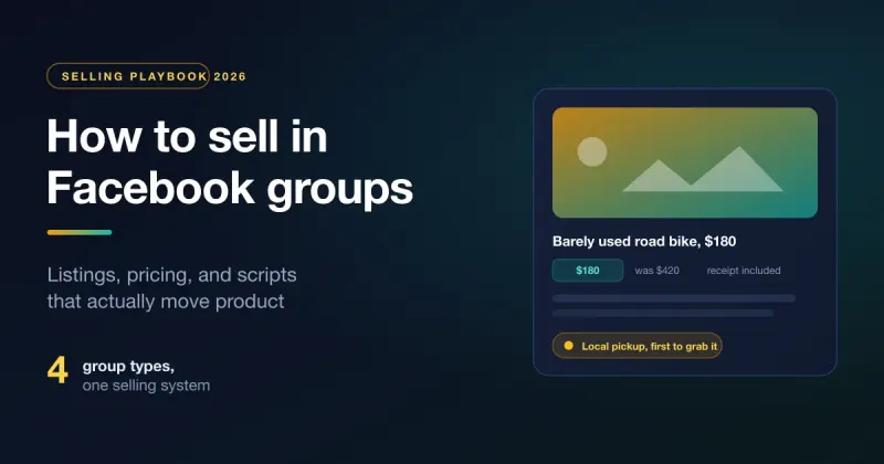 Facebook group listing card graphic showing a bike for sale with price anchor and local pickup badge
