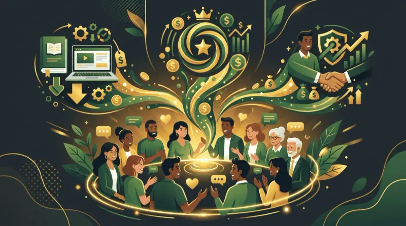 Facebook group community with diverse members and multiple monetization channels including digital products, subscriptions, and brand partnerships