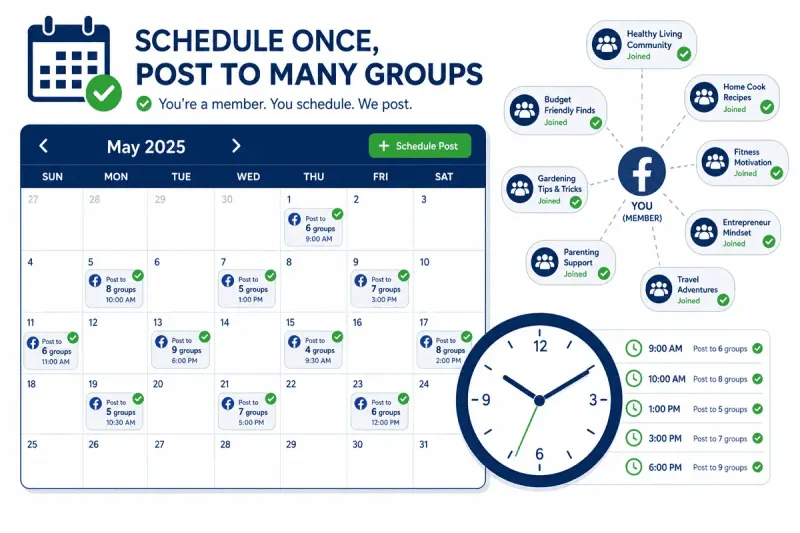 Calendar showing scheduled posts distributed across multiple joined Facebook groups at different time slots