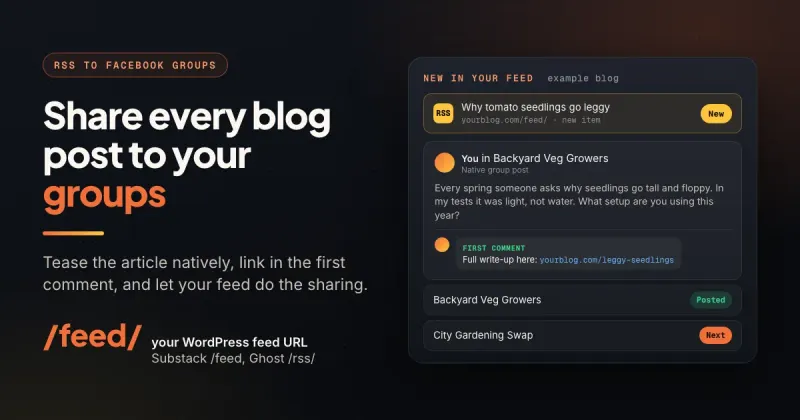 New blog post from an RSS feed turned into a native Facebook group post with the article link in the first comment