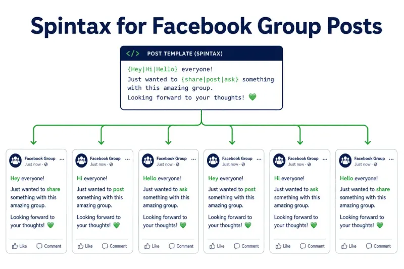 Diagram showing one Spintax post template branching into six unique Facebook group post variations