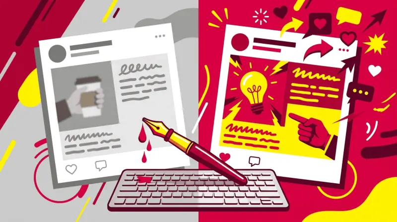 Before and after comparison of a weak dull Facebook post versus a compelling high-engagement post with a copywriter pen illustrating the difference good copy makes