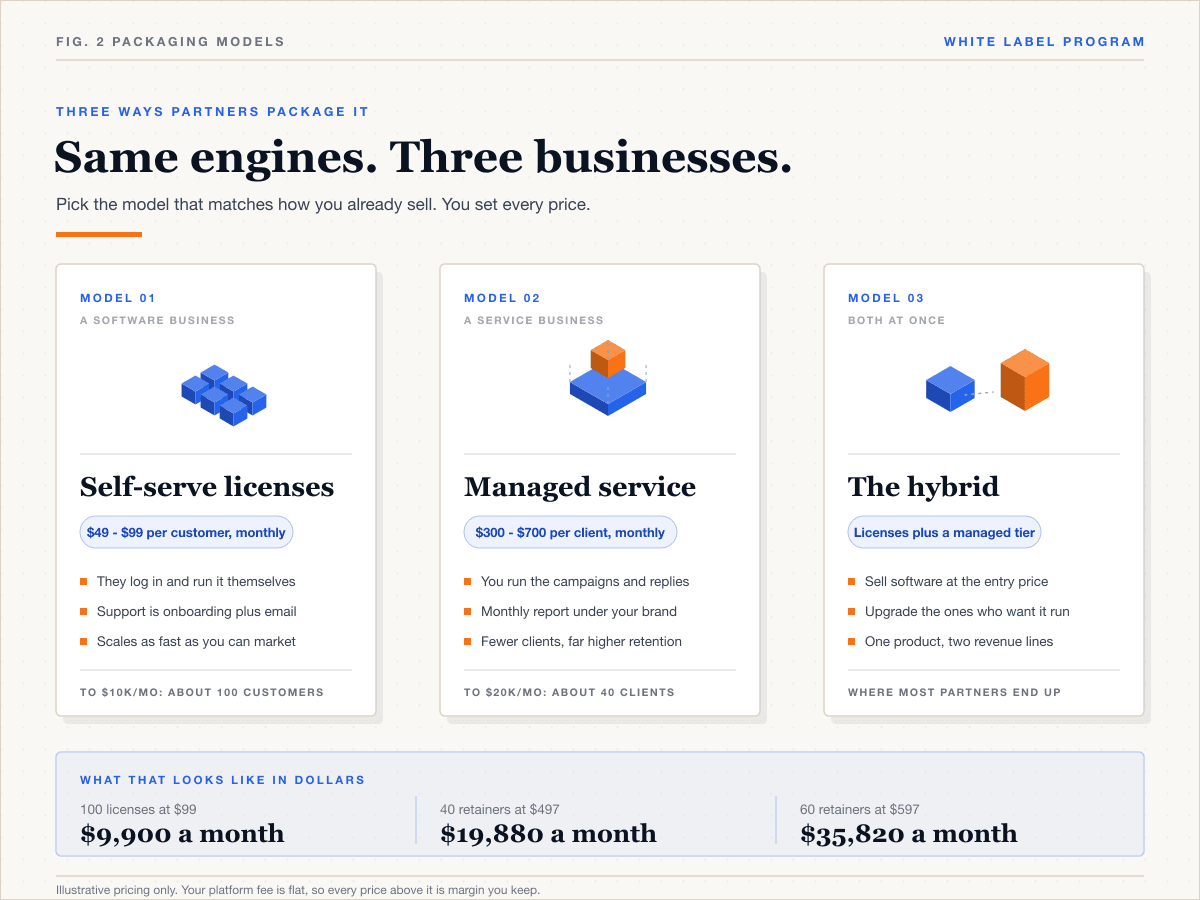 Three white label packaging models compared: self-serve licenses, managed service, and hybrid, with monthly revenue math in dollars