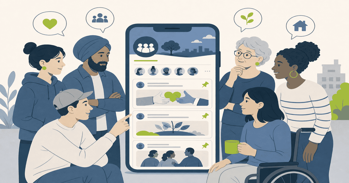 Facebook Group members connected in a conversation circle with activity radiating outward, representing growing community importance