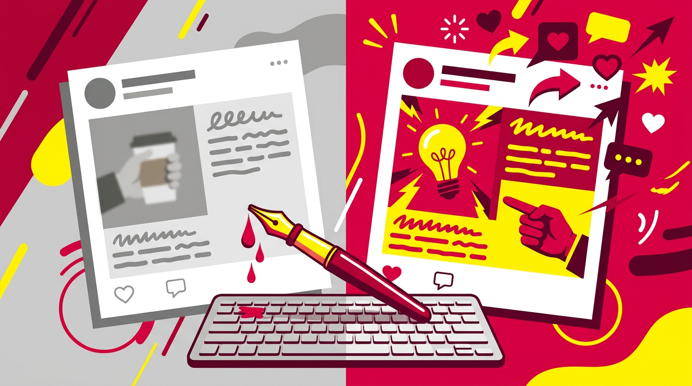 Before and after comparison of a weak dull Facebook post versus a compelling high-engagement post with a copywriter pen illustrating the difference good copy makes