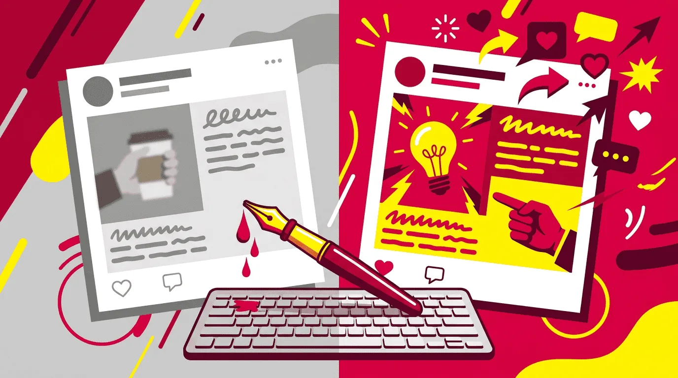 Before and after comparison of a weak dull Facebook post versus a compelling engaging post with a copywriter pen and keyboard