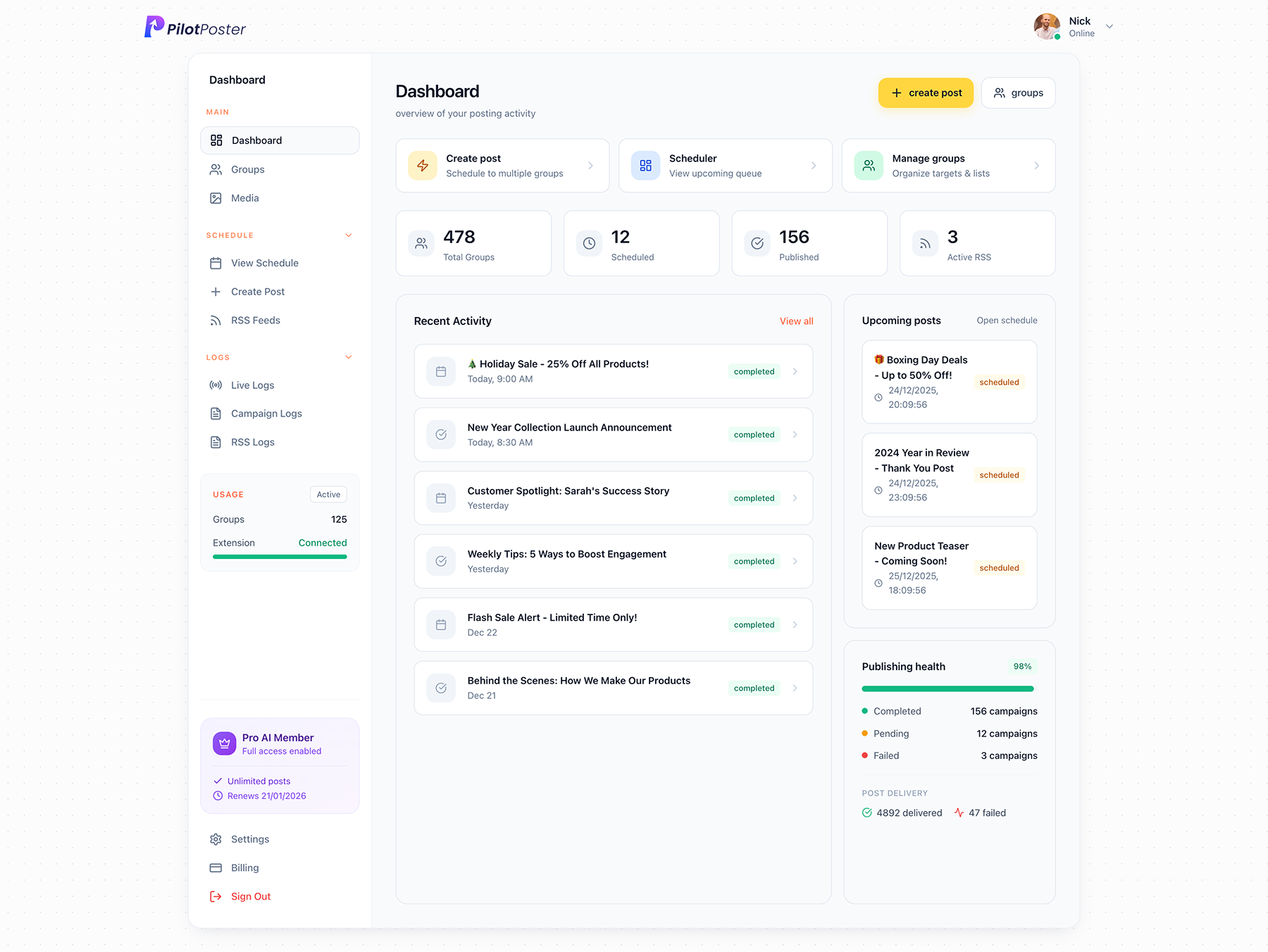 PilotPoster Facebook Group Auto Poster Dashboard - Schedule and automate posts to Facebook groups