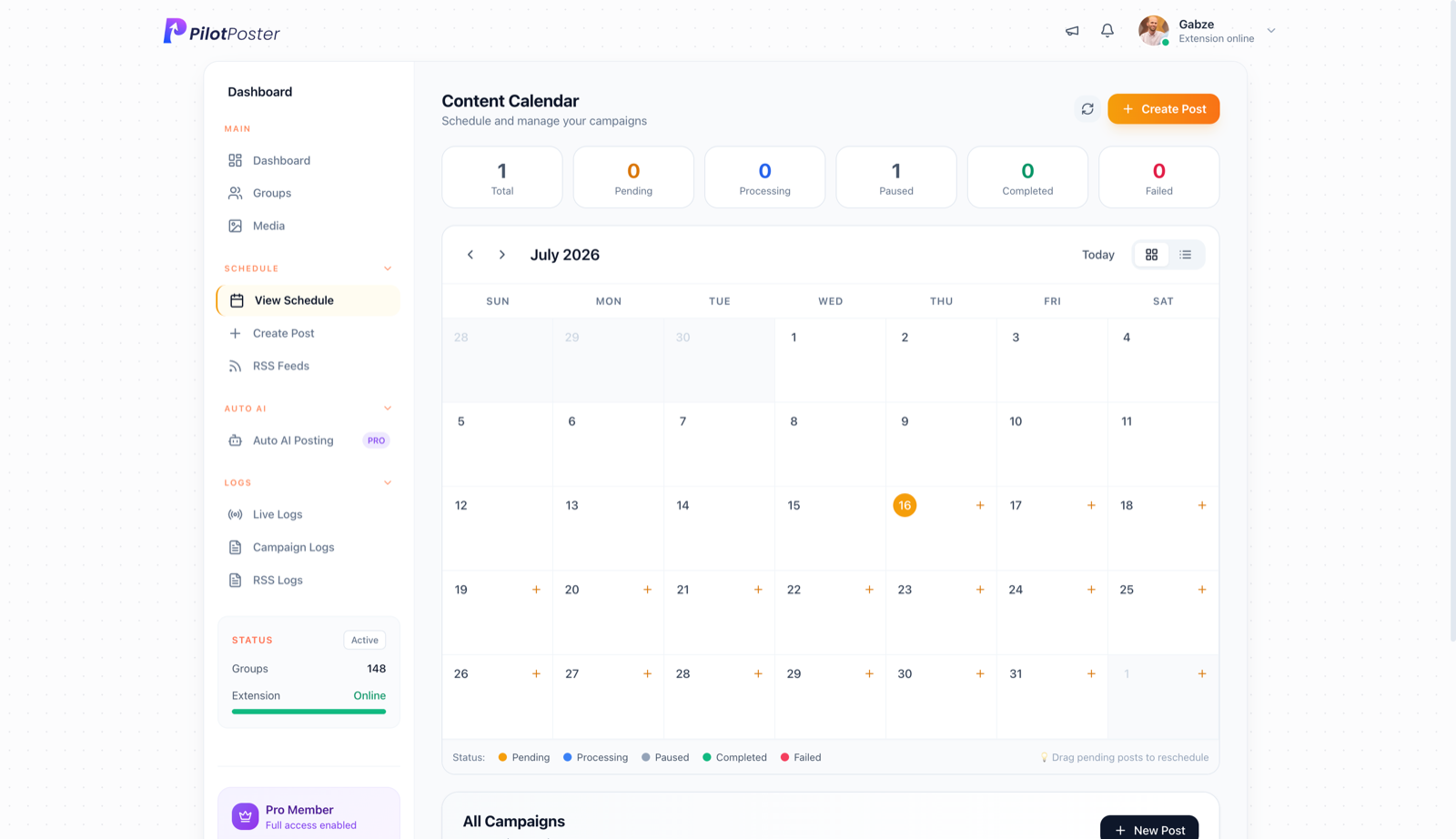 PilotPoster content calendar showing scheduled Facebook group campaigns across the month