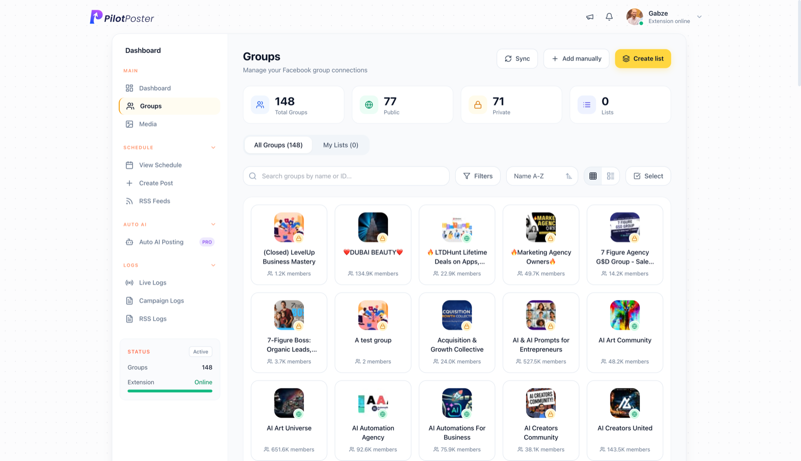 PilotPoster dashboard showing 148 joined Facebook groups ready for an auto-posting campaign
